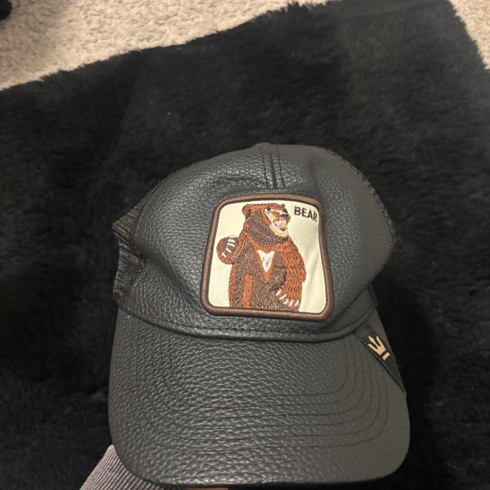 Bear baseball cap leather brown patch streetwear bikercore indie sleaze grunge